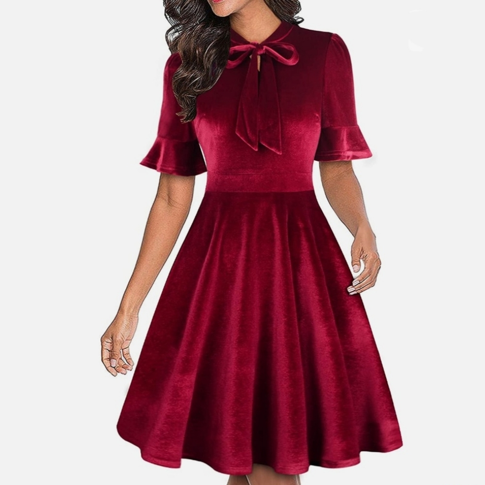 Ranphee Ruffle Sleeve Bow Tie Neck Velvet Dress